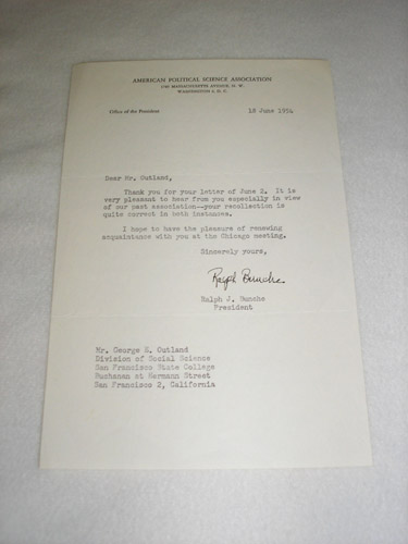 Ralph J. Bunche autographed letter