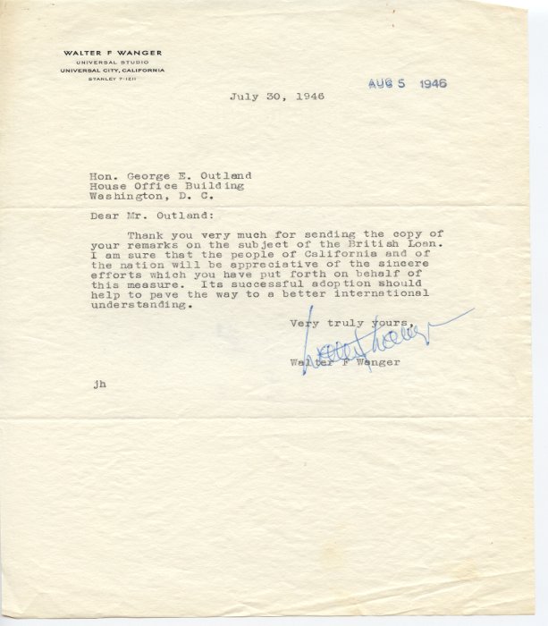 Walter F. Wanger letter to George E. Outland  on a personal Universal Studio letterhead