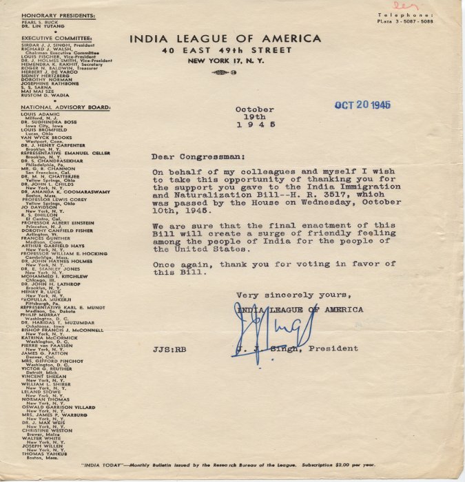 J.J. Singh letter to Congressman George E. Outland On an India League Of America letterhead