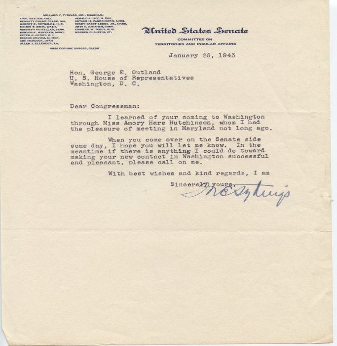 Millard E. Tydings welcome letter to George E. Outland On a United States Senate letterhead