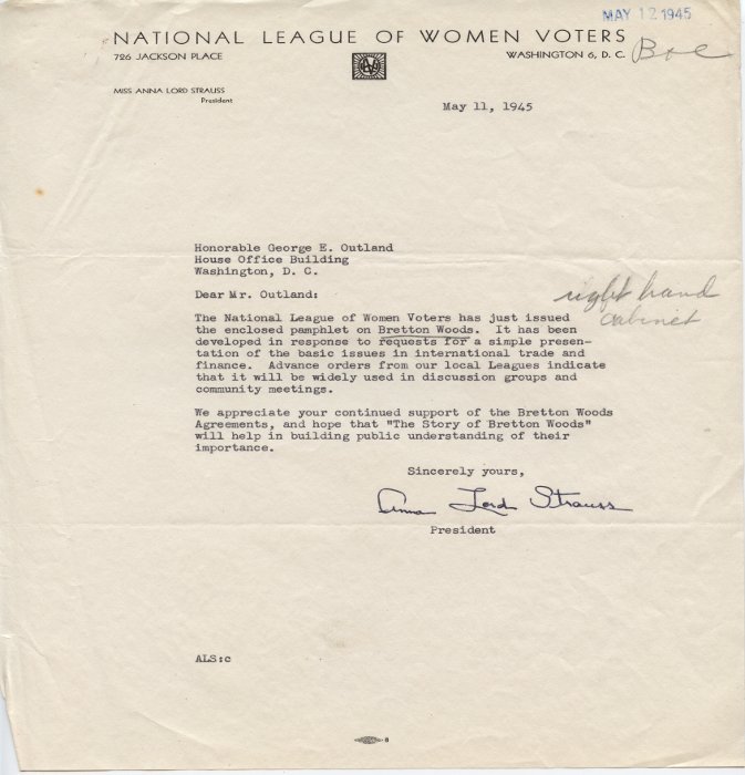 Anna Lord Strauss letter to Congressman George E. Outland On a National League of Women Voters Letterhead