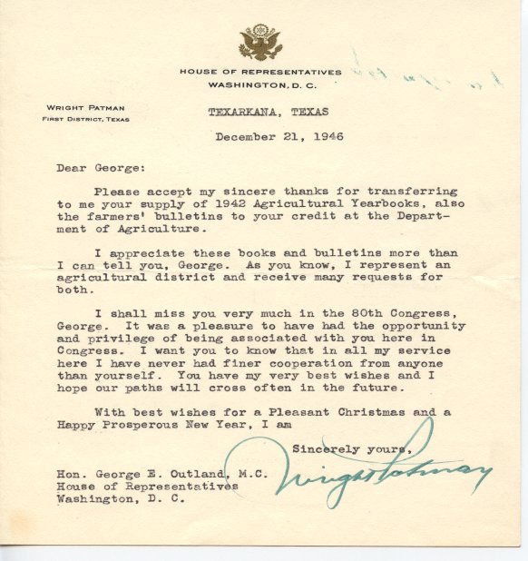 Wright Patman letter of thanks to George E. Outland On a House of Representatives Letterhead	