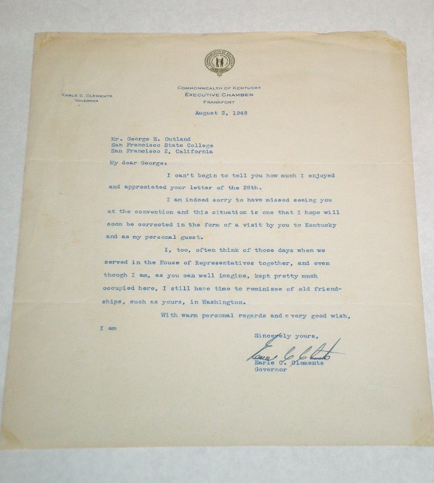 Letter to George E. Outland with a Commonwealth of Kentucky Executive Chamber letterhead, Clements, Earle C., Governor