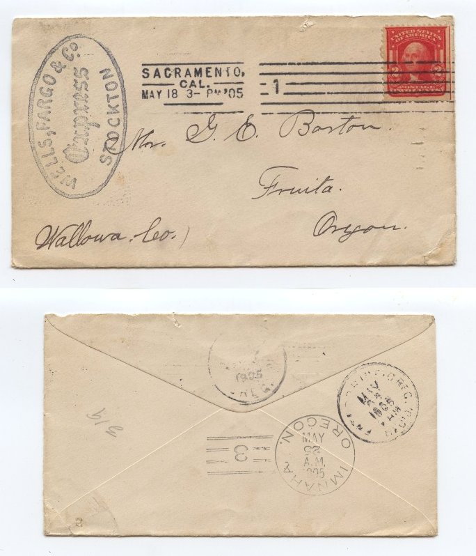 Postal Cover addressed to Mr. G. E. Boston, Fruita, Oregon, Wallowa County, Wells, Fargo & Co. Express Stockton