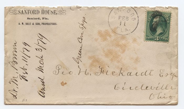 George H. Fickardt Postal Cover 1879, Sanford House, Sanford, Florida
