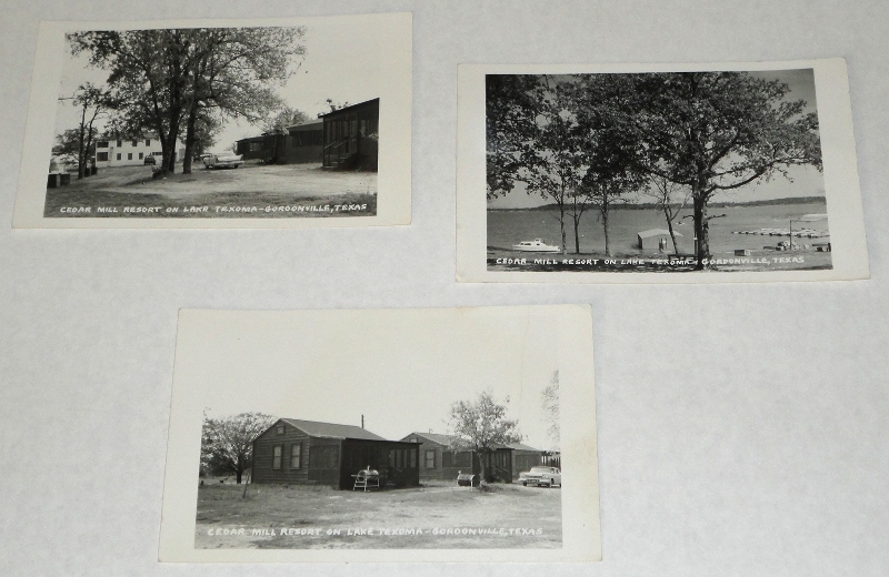 Cedar Mill Resort On Lake Texoma, Gordonville, Texas, 3 real picture postcards, 1958