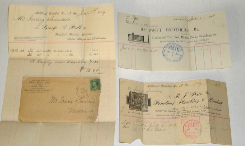 Irving Saunder's remodeling bills from 1908-9, Millbrook, NY