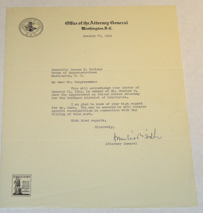 Autographed Letter to George E. Outland  on Office of the Attorney General, Department of Justice Letterhead, Biddle, Francis B.