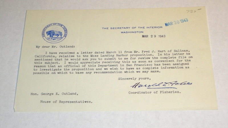 Letter to George E. Outland  with a The Secretary Of The Interior letter head, Ickes, Harold