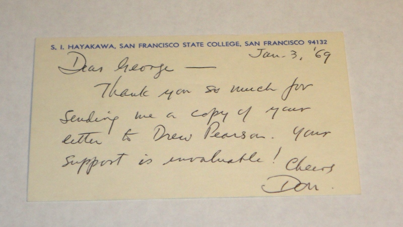 Autographed card to George Outland, Hayakawa, S. I.