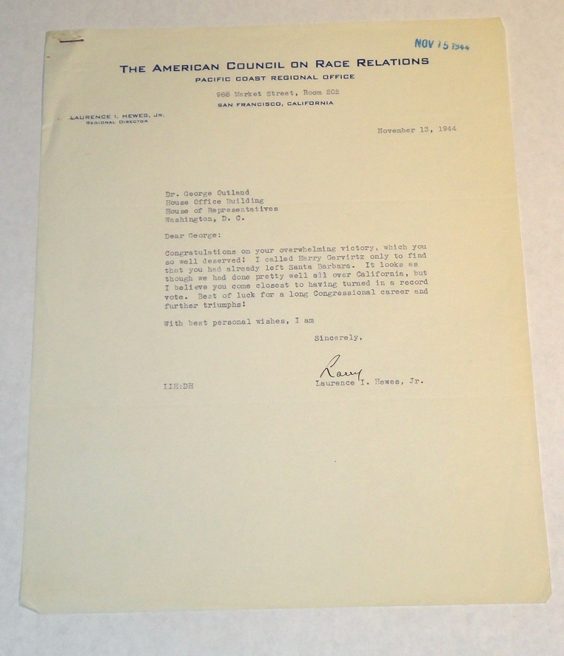 A letter To Dr. George Outland with a The American Council On Race Relations letterhead, Hewes, Laurence I., Jr.