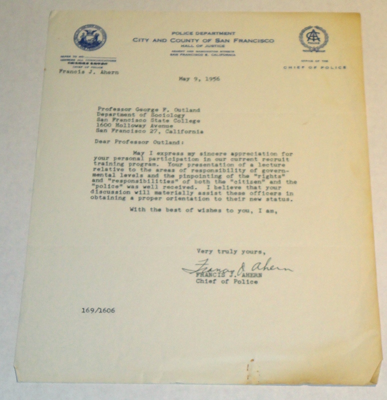 Letter to Professor George F. Outland on a Police Department City and County Of San Francisco Letterhead, Ahern, Francis J.