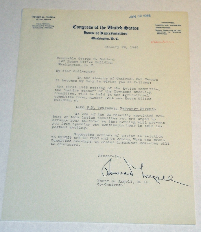 Letter to George E. Outland On a Congress of the United States House of Representatives letterhead, Angell, Homer D.