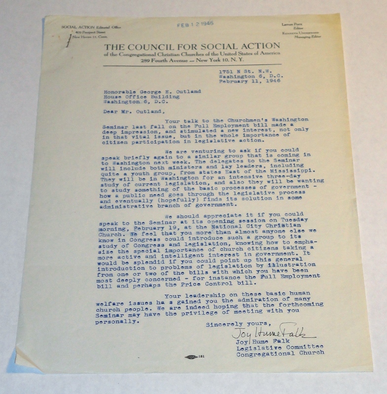 Letter to Congressman George E. Outland On a The Council For Social Action  Letterhead, Falk, Joy Hume