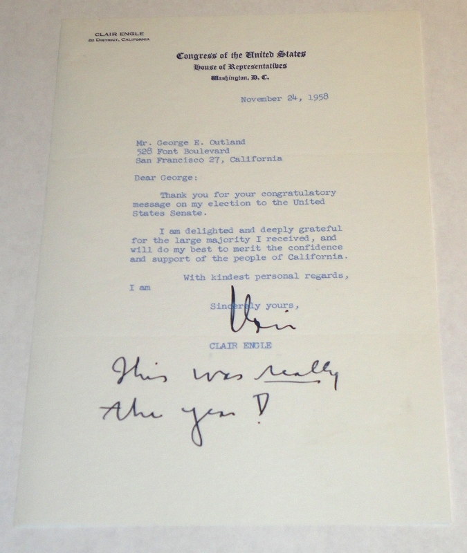 Letter to George E. Outland On Congress of the United States House of Representatives letterhead, Engle, Clair