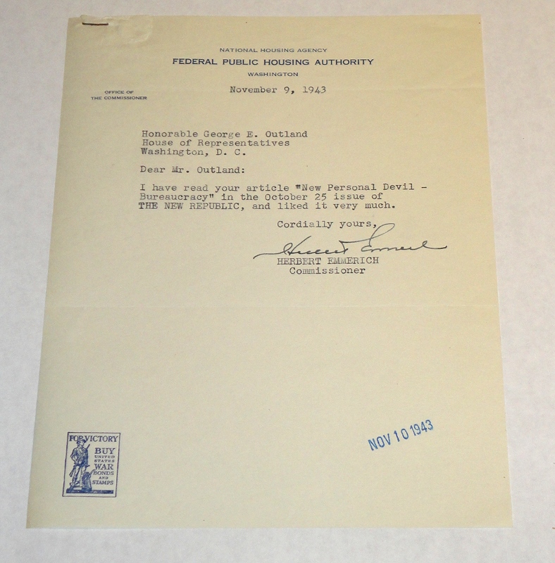 Letter to Congressman George E. Outland On a Federal Housing Authority letterhead, Emmerich, Herbert, Commissioner