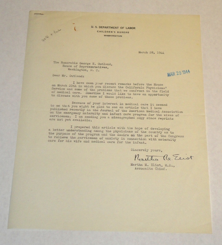Letter to Congressman George E. Outland On U. S. Department Of Labor Children's Bureau letterhead, Eliot, Maratha M., M.D.
