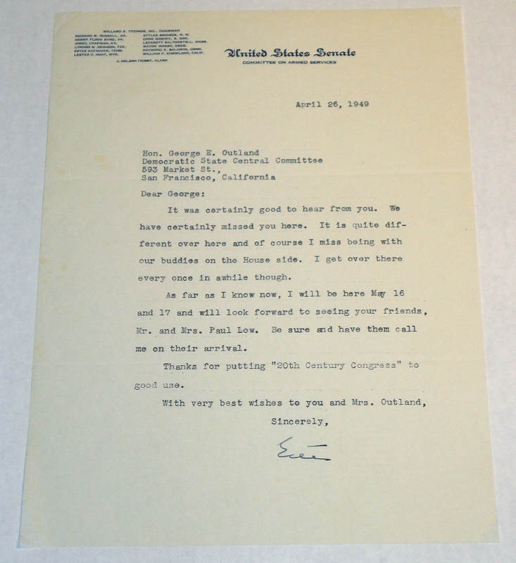 Letter to Congressman George E. Outland On United States Senate letterhead, Kefauver, Estes