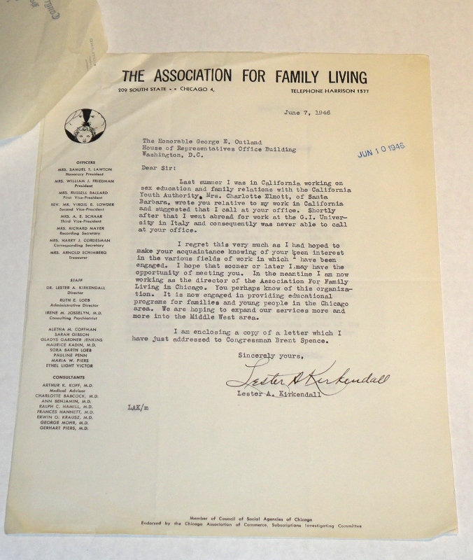 Letter to Congressman George E. Outland  on a The Association For Family Living letterhead, Kirkendall, Lester A.