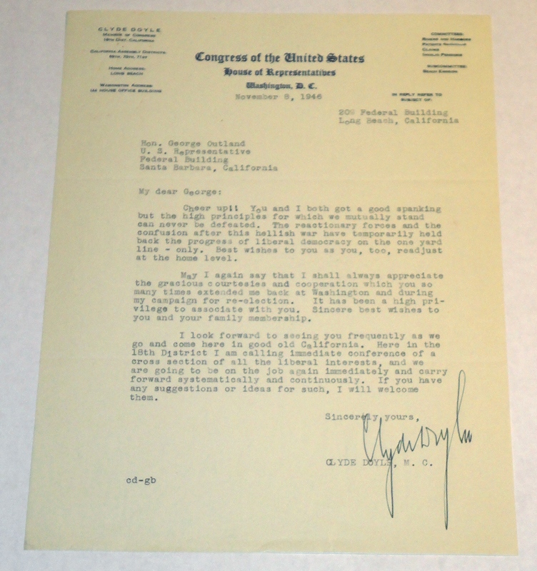 Letter to Congressman George E. Outland on a Congress of the United States House of Representatives Letterhead, Doyle, Clyde