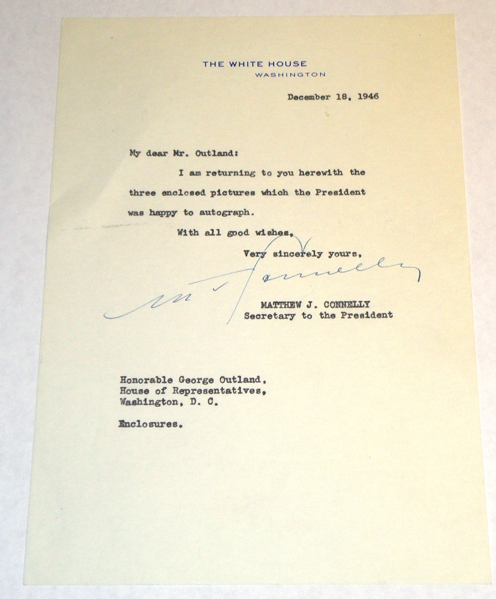 Letter to Congressman George E. Outland on a The White House Letterhead, Connelly, Matthew J.