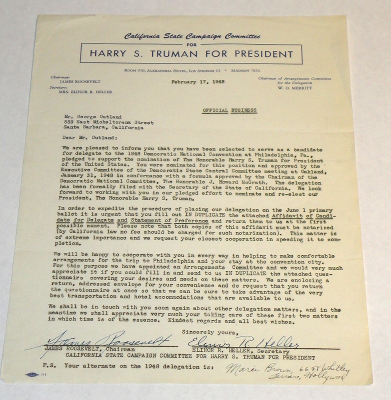 Letter to George Outland on California State Campaign Committee For Harry S. Truman For President Letterhead, Roosevelt, James and Elinor R. Heller