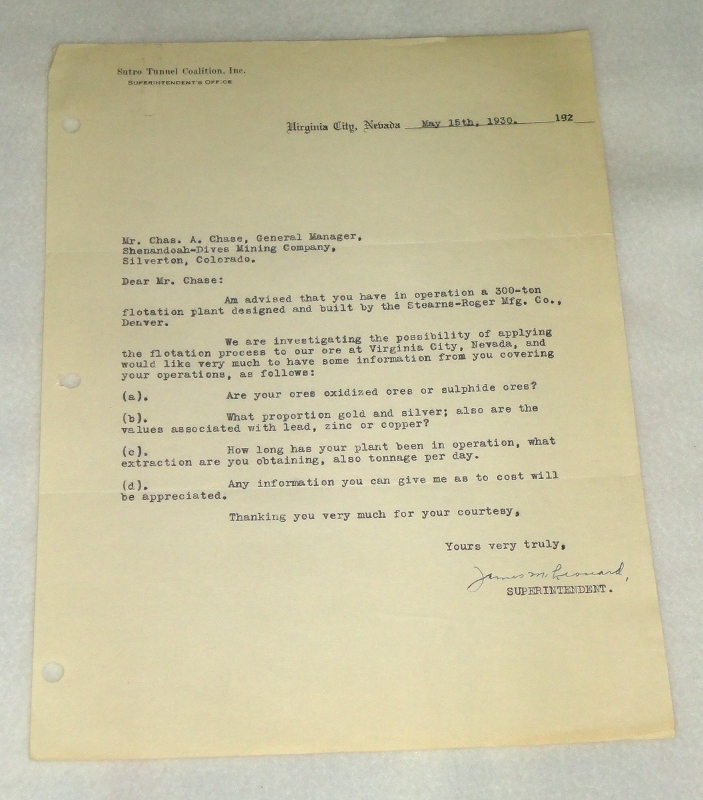 Sutro Tunnel Coalition, Inc., letter to Chas. A. Chase, Leonard, James M., Superintendent