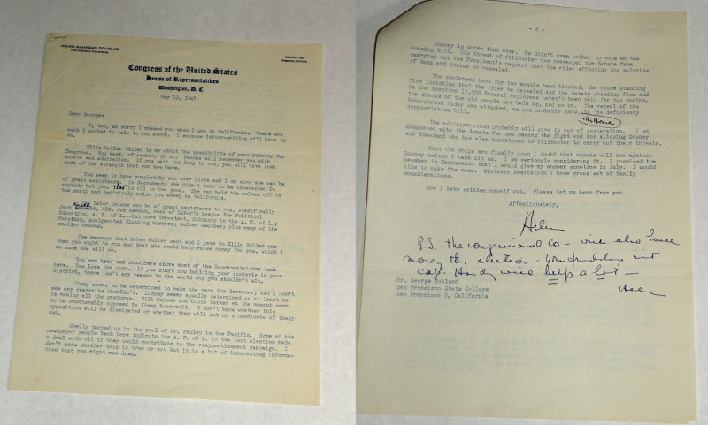 Douglas, Helen Gahagan, Signed two page letter to George Outland