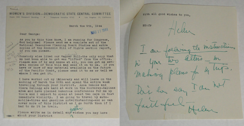Douglas, Helen Gahagan, Letter to George Outland on Women's Division-Democratic State Central Committee letterhead