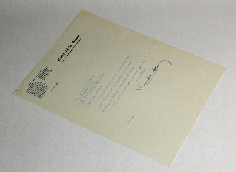 Downey, Sheridan, Autographed letter on United States Senate letterhead to George Outland