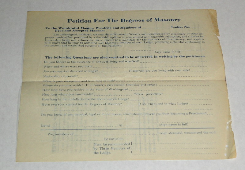 Petition For The Degrees of Masonry, ephemera, circa 1930s