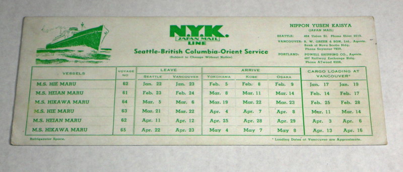N.Y.K Japan Mail Line, 1930's Seattle-British Columbia-Orient Service Sailing Schedule, 1930s