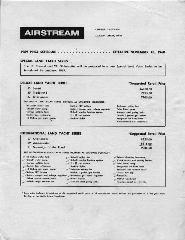 Airstream 1969 Price Schedule, Airstream Travel Trailer
